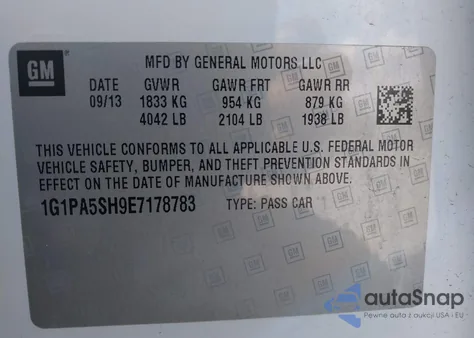 2014 Chevrolet Cruze Ls Auto z USA, uszkodzony, nr VIN 1G1PA5SH9E7178783